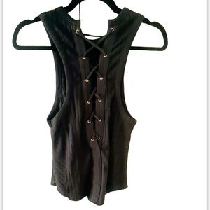 Free People Black Tank with Cross stitching up the back.